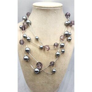 Floating Gray Bead & Crystal Multistrand Necklace